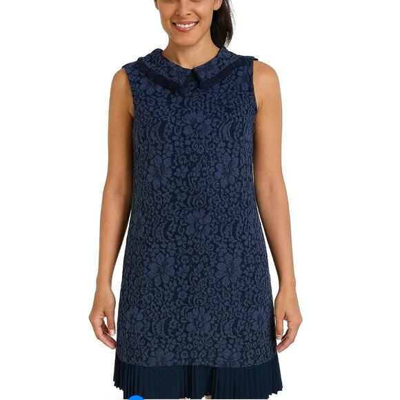 Nanette Lepore Navy Blue Collared Floral Lace Pleated Shift Dress SZ 6 cocktail - Picture 1 of 11